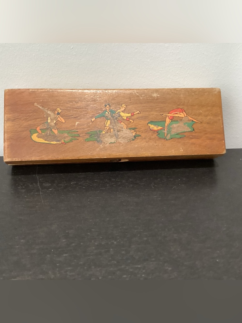Vtg. Wooden 1950s School Pencil Box with a miniature abacus. Designed in